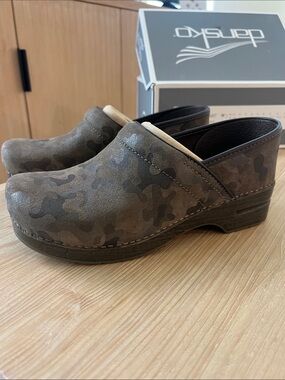 Dansko Olive Professional Camo Suede Slip-On Clogs
